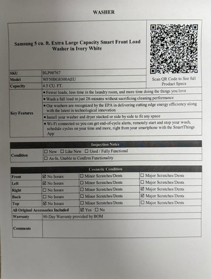 BLP00767 - Samsung 5 cu. ft. Extra Large Capacity Smart Front Load Washer in Ivory White - WF50BG8300AEU