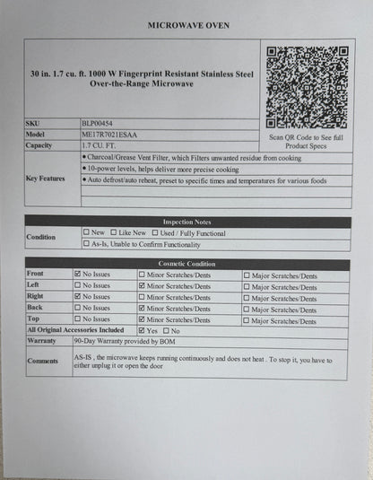 BLP00454 - Samsung - 30 in. 1.7 cu. ft. 1000 W Fingerprint Resistant Stainless Steel Over-the-Range Microwave - ME17R7021ESAA - AS-IS