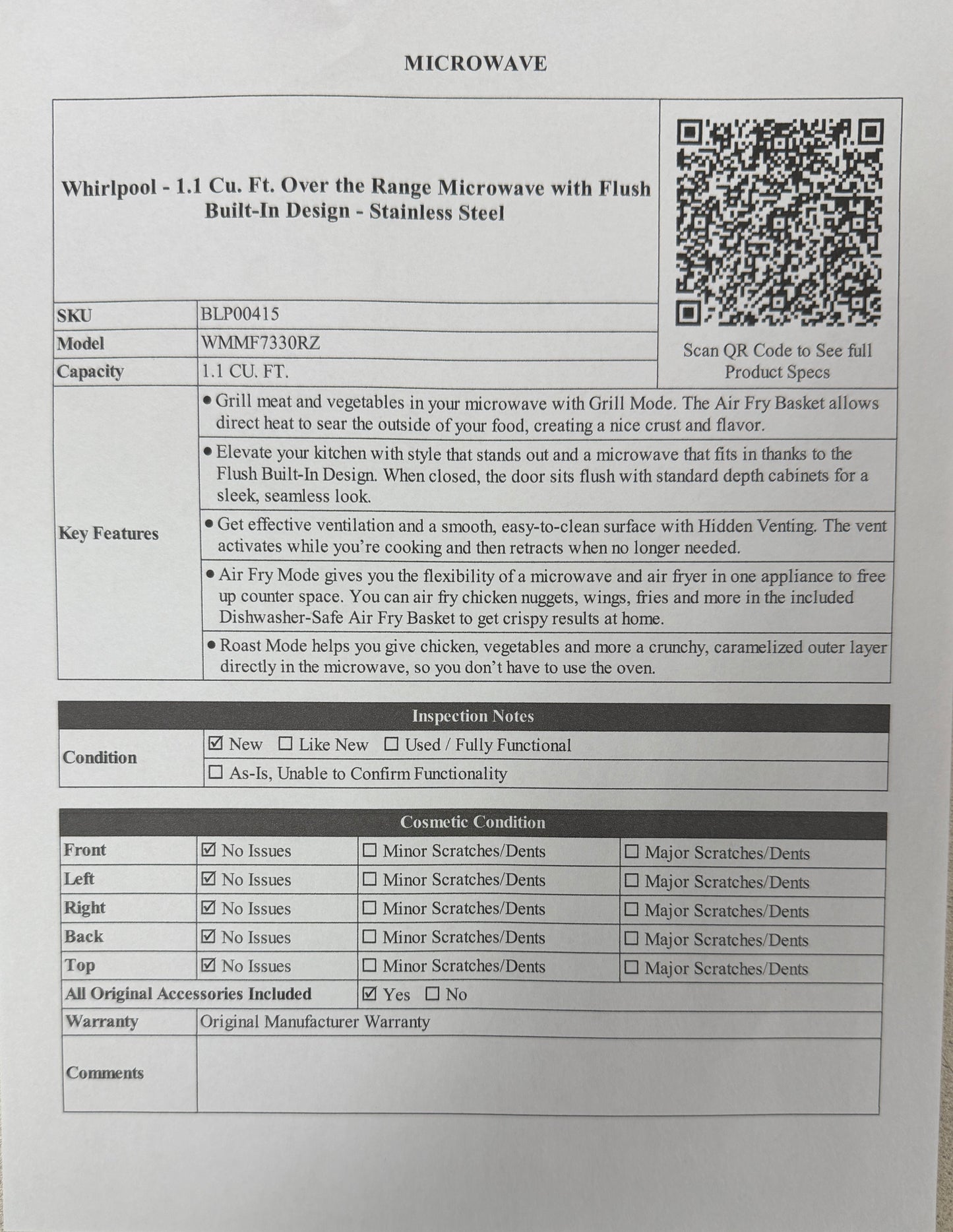 BLP00415 - Whirlpool - 1.1 Cu. Ft. Over the Range Microwave with Flush Built-In Design - Stainless Steel