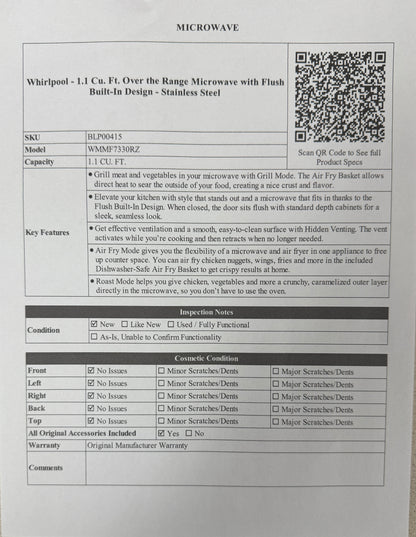 BLP00415 - Whirlpool - 1.1 Cu. Ft. Over the Range Microwave with Flush Built-In Design - Stainless Steel
