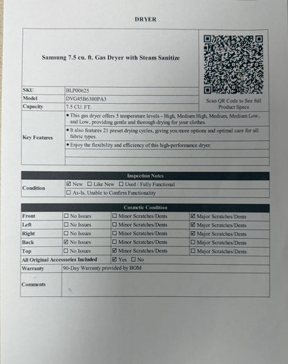 BLP00625 - Samsung 7.5 cu. ft. Gas Dryer with Steam Sanitize - DVG45B6300PA3