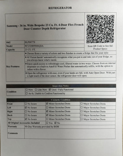 BLP00779 - Samsung - 36 in. Wide Bespoke 23 Cu. Ft. 4-Door Flex French Door Counter Depth Refrigerator - RF23DB9900QDA