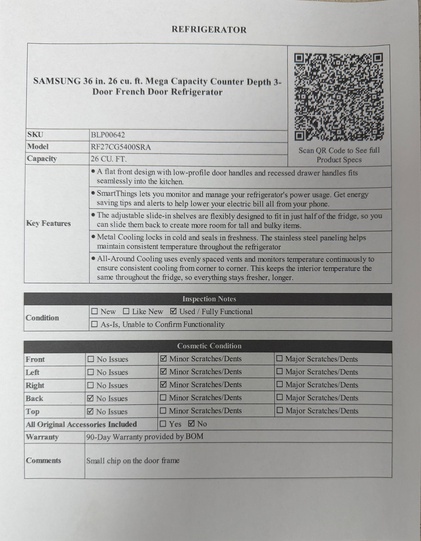 BLP00642 - SAMSUNG 36 in. 26 cu. ft. Mega Capacity Counter Depth 3-Door French Door Refrigerator - RF27CG5400SRA