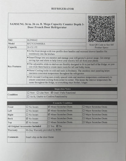 BLP00642 - SAMSUNG 36 in. 26 cu. ft. Mega Capacity Counter Depth 3-Door French Door Refrigerator - RF27CG5400SRA