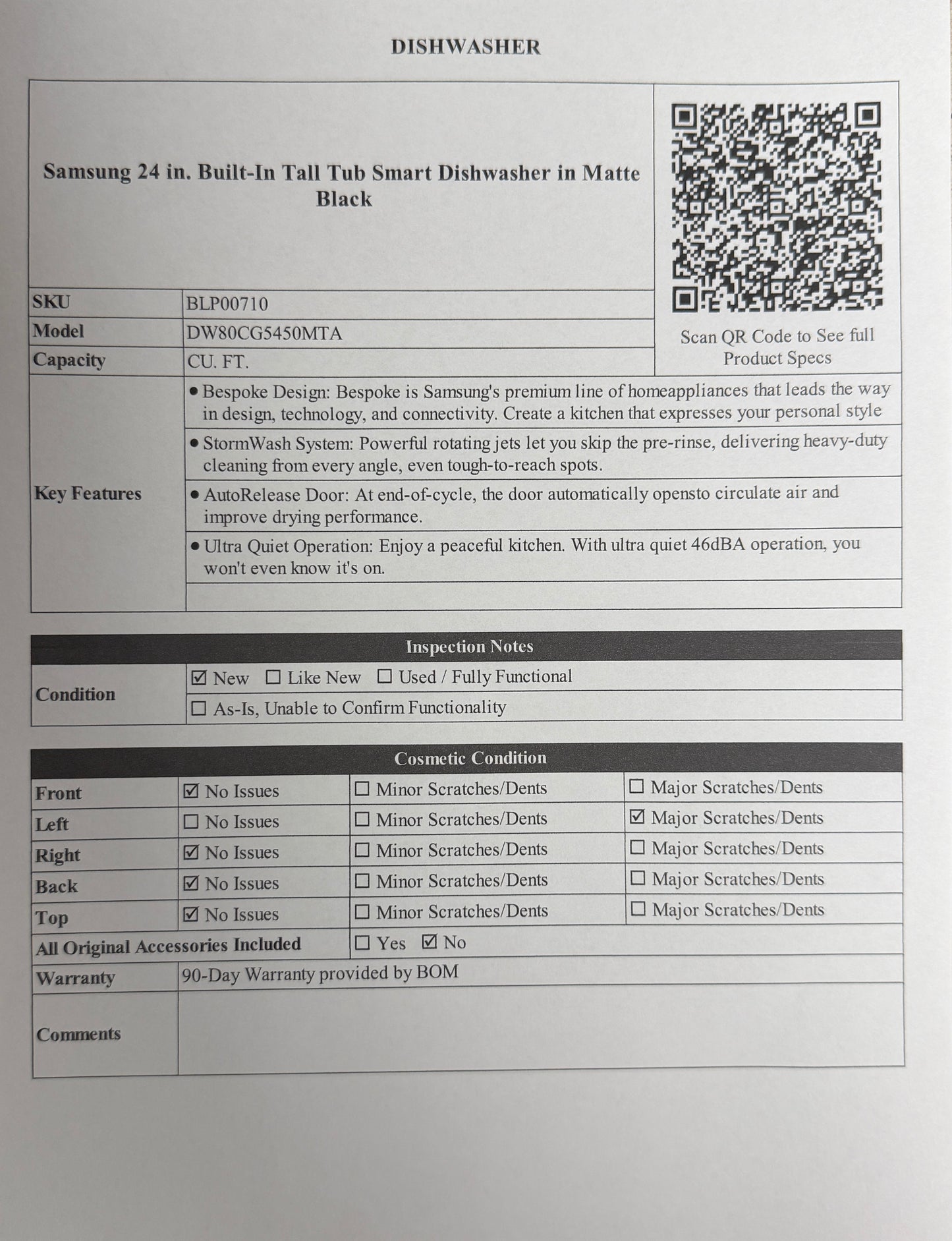BLP00710 - Samsung 24 in. Built-In Tall Tub Smart Dishwasher in Matte Black - DW80CG5450MTA