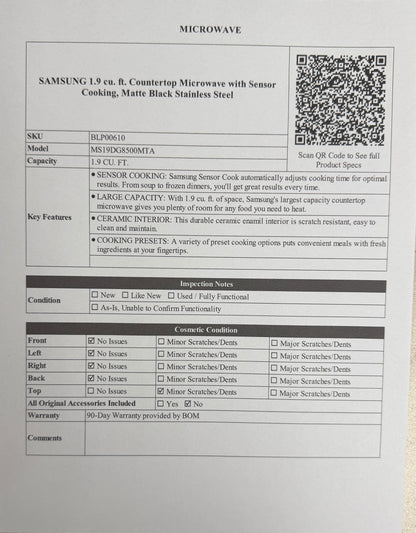 BLP00610 - SAMSUNG 1.9 cu. ft. Countertop Microwave with Sensor Cooking, Matte Black Stainless Steel -MS19DG8500MTA