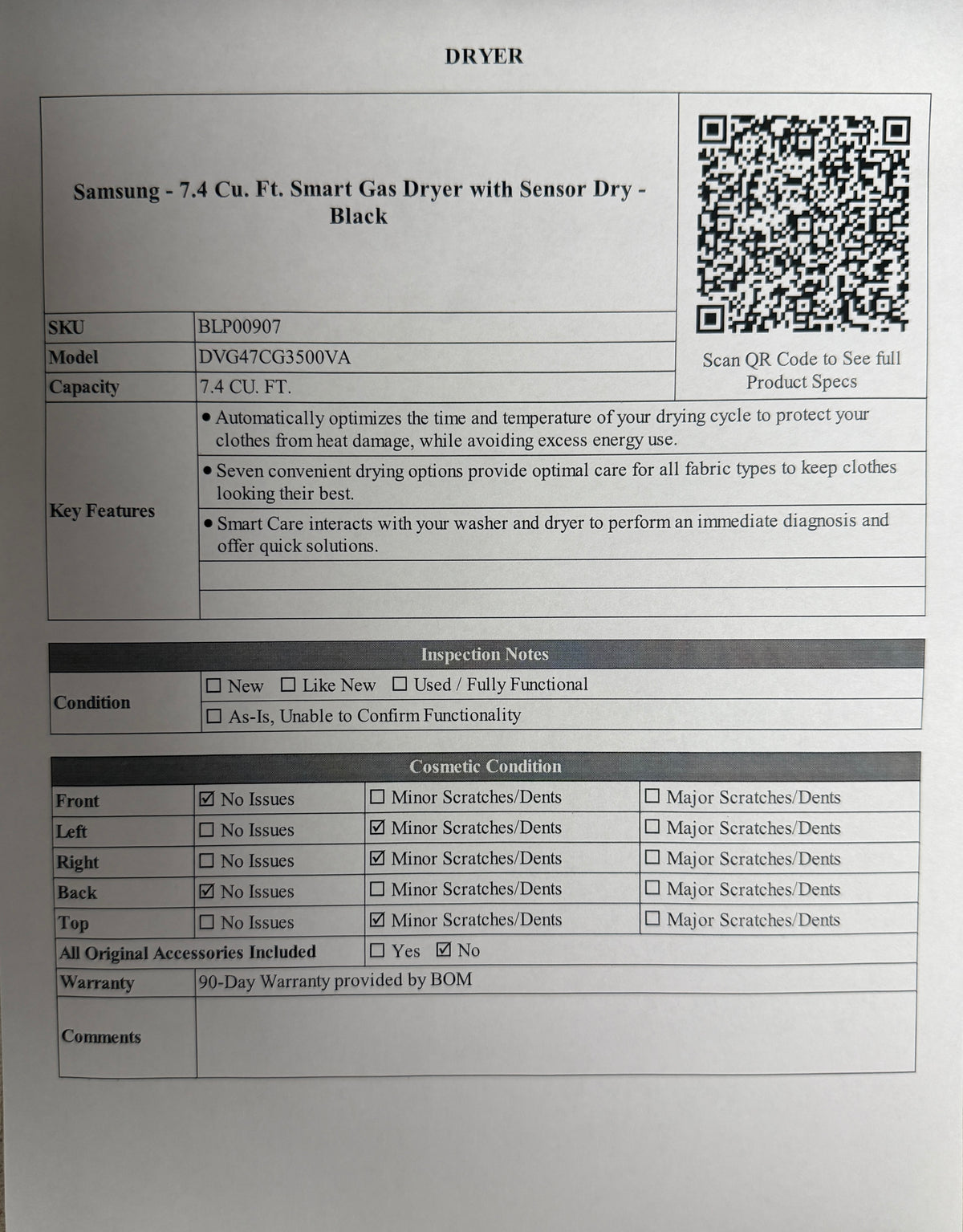 BLP00907 - Samsung - 7.4 Cu. Ft. Smart Gas Dryer with Sensor Dry - Black - DVG47CG3500VA