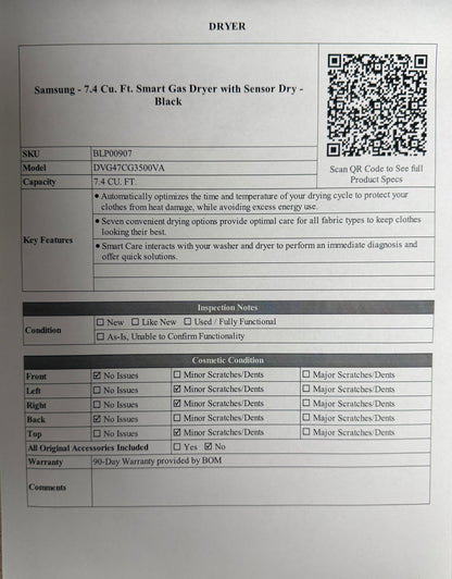 BLP00907 - Samsung - 7.4 Cu. Ft. Smart Gas Dryer with Sensor Dry - Black - DVG47CG3500VA