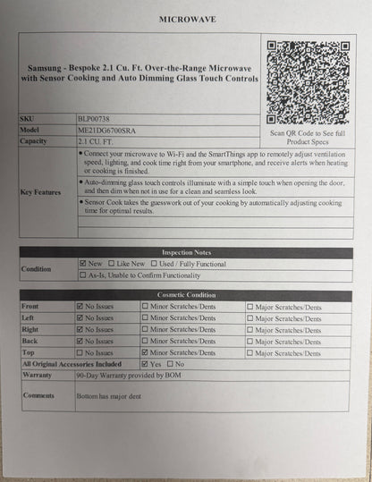 BLP00738 - Samsung - Bespoke 2.1 Cu. Ft. Over-the-Range Microwave with Sensor Cooking and Auto Dimming Glass Touch Controls - ME21DG6700SRA
