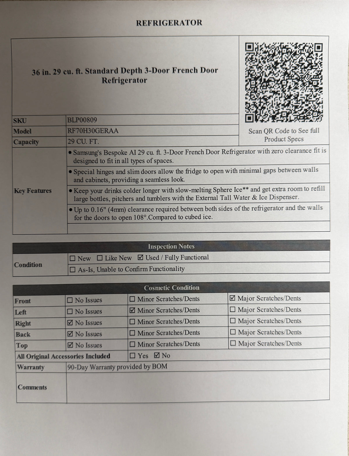 BLP00809 - Samsung 36 in. 29 cu. ft. Standard Depth 3-Door French Door Refrigerator RF70H30GERAA
