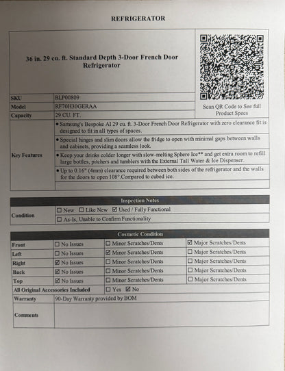 BLP00809 - Samsung 36 in. 29 cu. ft. Standard Depth 3-Door French Door Refrigerator RF70H30GERAA