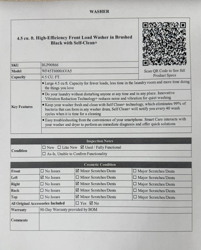 BLP00866 - Samsung 4.5 cu. ft. High-Efficiency Front Load Washer in Brushed Black with Self-Clean+ - WF45T6000AVA5
