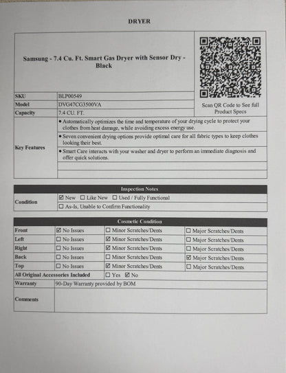 BLP00549 - Samsung - 7.4 Cu. Ft. Smart Gas Dryer with Sensor Dry - Black - DVG47CG3500VA