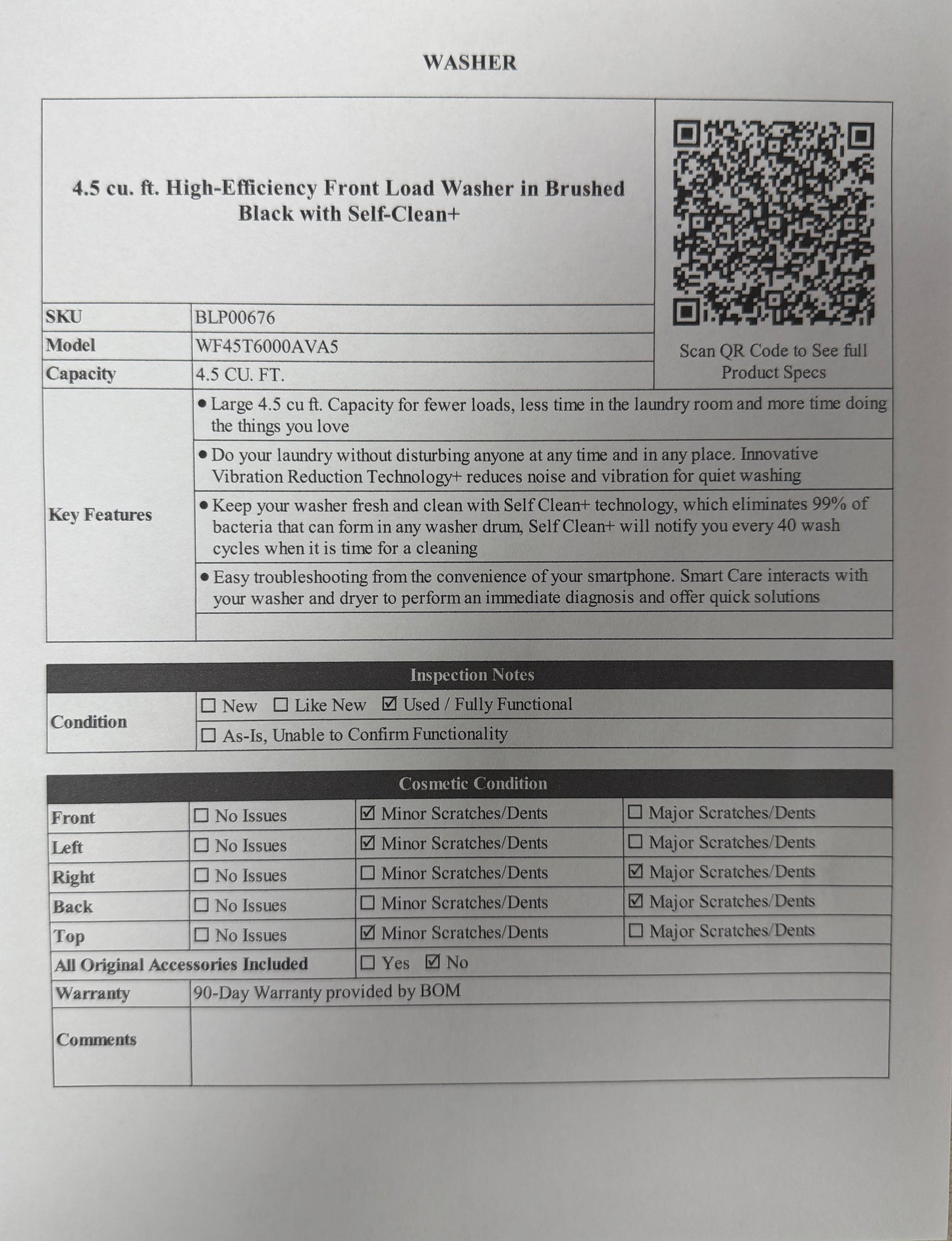 BLP00676 - Samsung 4.5 cu. ft. High-Efficiency Front Load Washer in Brushed Black with Self-Clean - WF45T6000AVA5