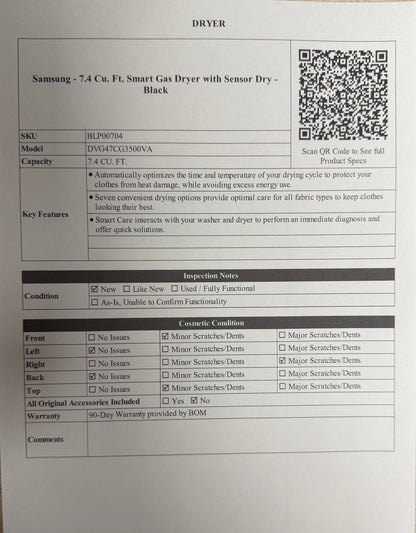 BLP00704 - Samsung - 7.4 Cu. Ft. Smart Gas Dryer with Sensor Dry - Black - DVG47CG3500VA