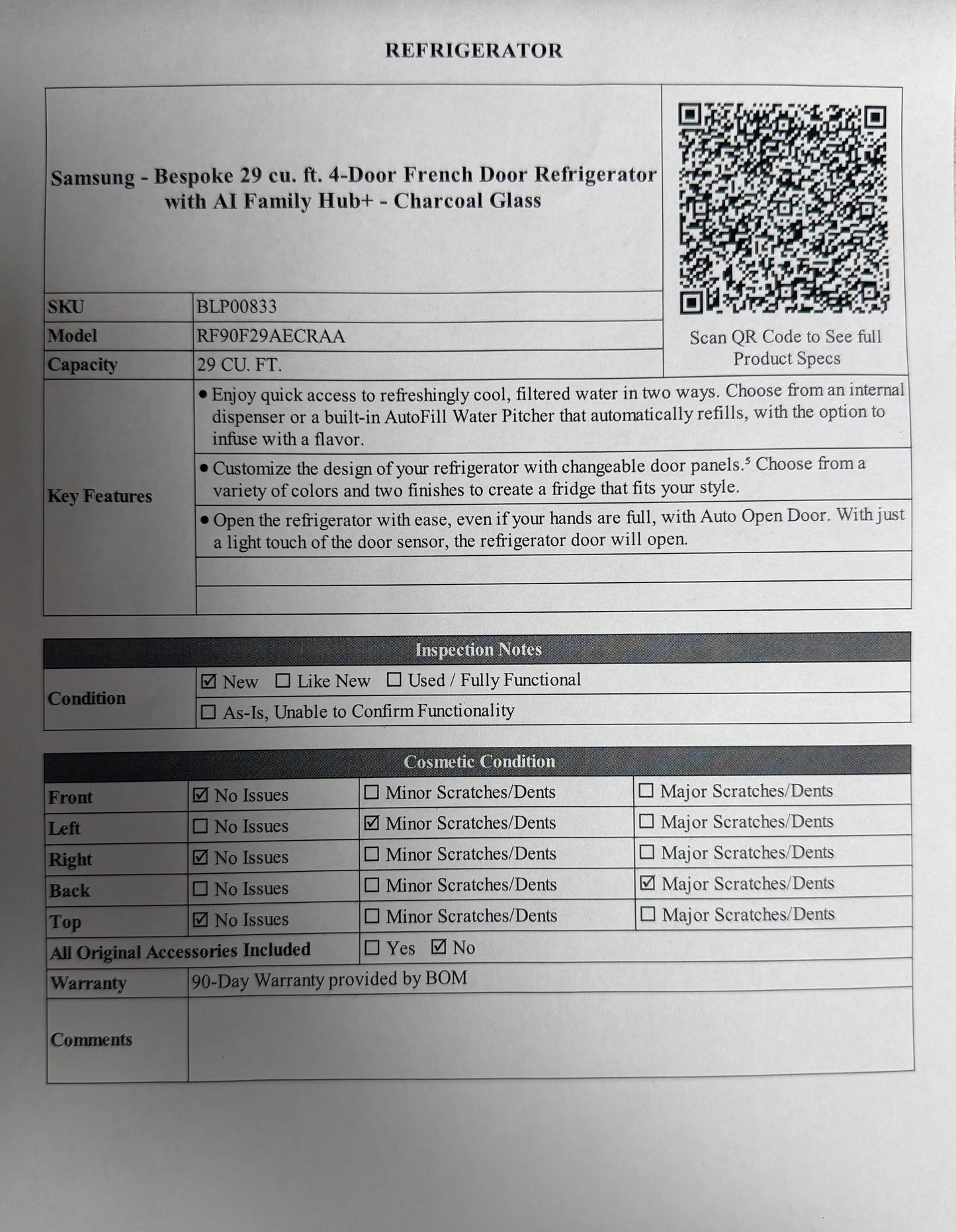 BLP00833 - Samsung - Bespoke 29 cu. ft. 4-Door French Door Refrigerator with AI Family Hub+ - Charcoal Glass - RF90F29AECRAA