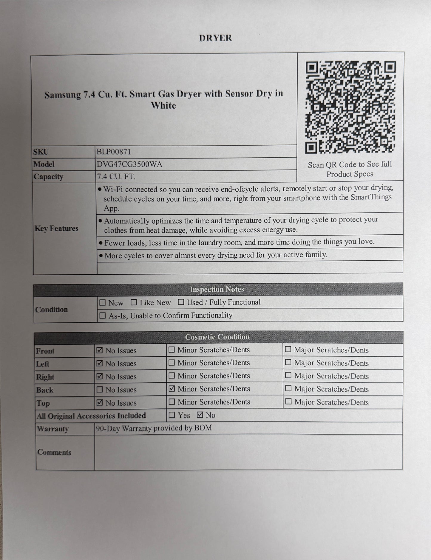 BLP00871 - Samsung 7.4 Cu. Ft. Smart Gas Dryer with Sensor Dry in White - DVG47CG3500WA