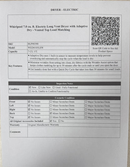 BLP00390 - Whirlpool 7.0 cu. ft. Electric Long Vent Dryer with Adaptive Dry - Vented Top Load Matching