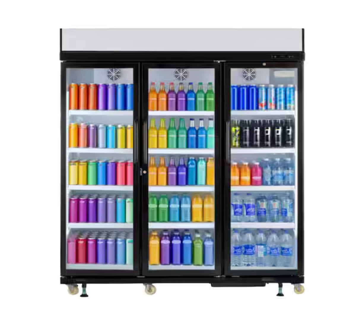 AC260425 Frigidaire 71 in. 49 cu. ft. Commercial Glass Triple Door Display Fridge - FCCB4916 (Broken Right Glass Panel, Works Perfectly)