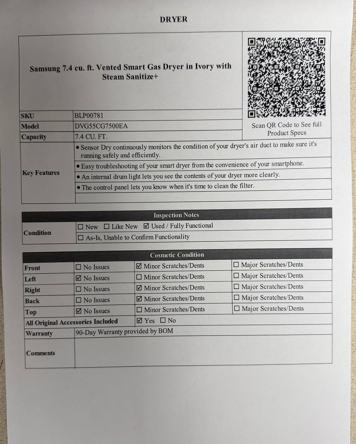 BLP00781 - Samsung 7.4 cu. ft. Vented Smart Gas Dryer in Ivory with Steam Sanitize+ - DVG55CG7500EA