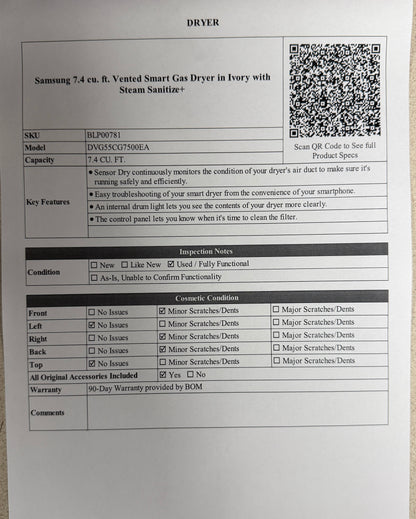 BLP00781 - Samsung 7.4 cu. ft. Vented Smart Gas Dryer in Ivory with Steam Sanitize+ - DVG55CG7500EA
