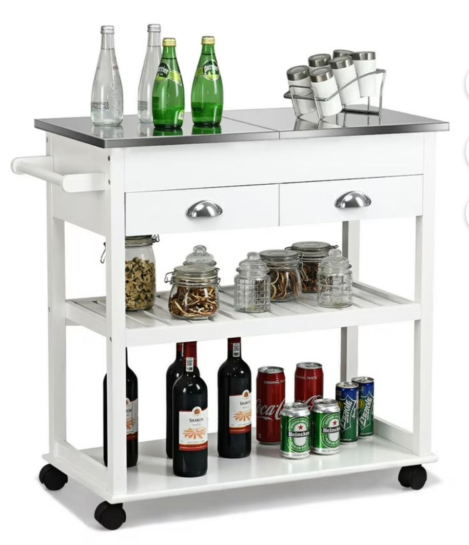 AC260247 Rolling Kitchen Island Trolley Cart Stainless Steel Flip Tabletop w/Drawer White