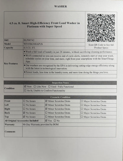 BLP00742 - Samsung 4.5 cu. ft. Smart High-Efficiency Front Load Washer in Platinum with Super Speed - WF45B6300APUS