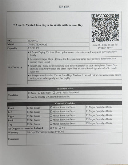 BLP00703 - Samsung 7.2 cu. ft. Vented Gas Dryer in White with Sensor Dry - DVG45T3200WA3