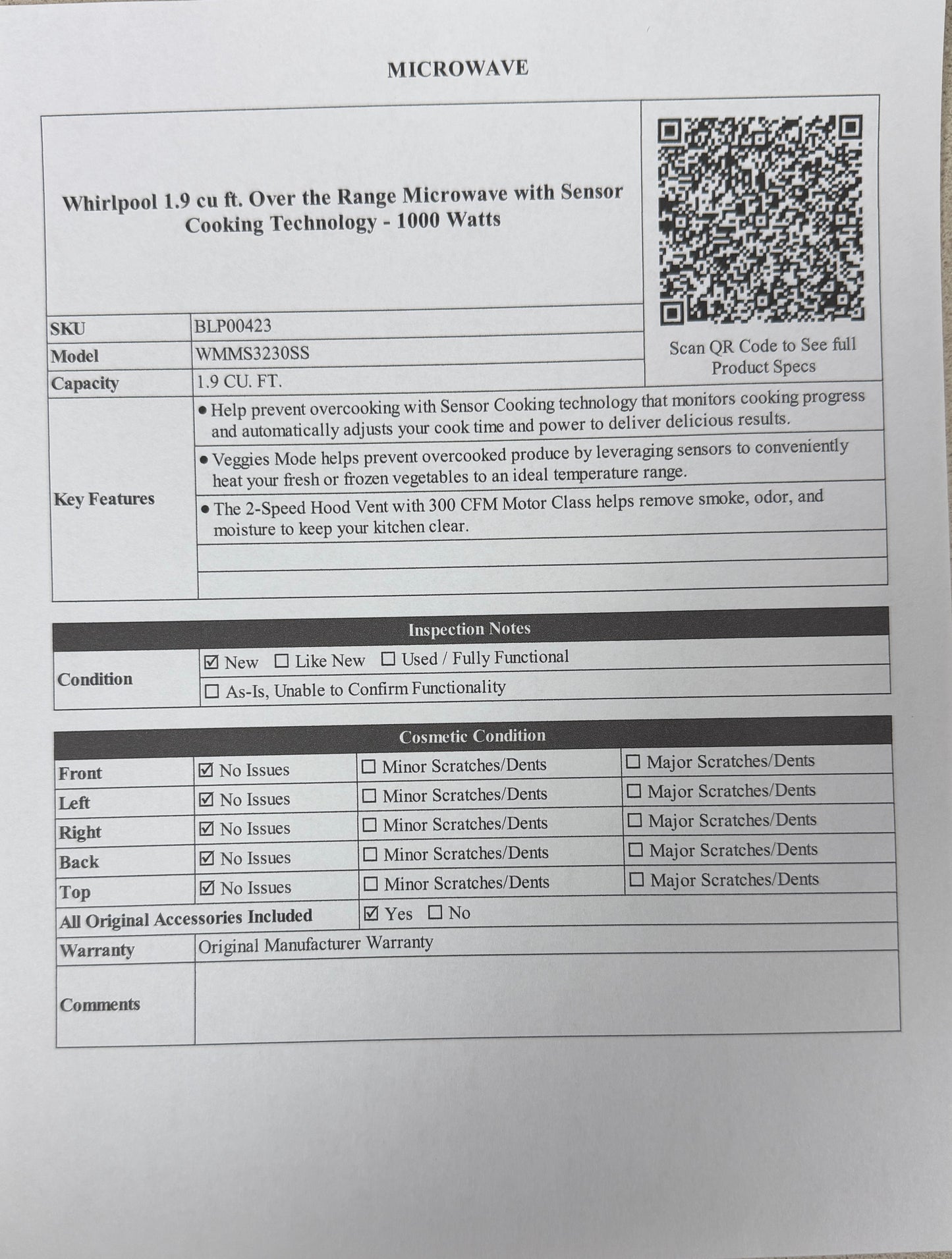 BLP00423 - Whirlpool 1.9 cu ft. Over the Range Microwave with Sensor Cooking Technology - 1000 Watts