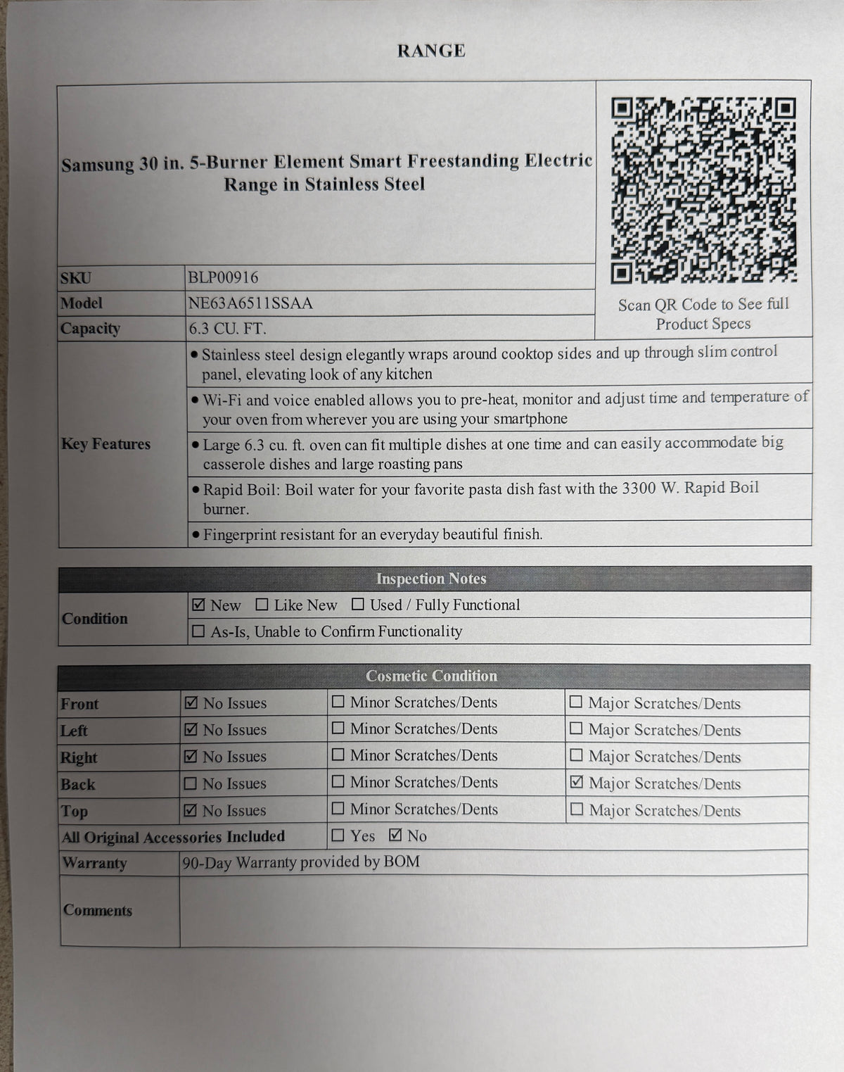 BLP00916 - Samsung 30 in. 5-Burner Element Smart Freestanding Electric Range in Stainless Steel - NE63A6511SSAA
