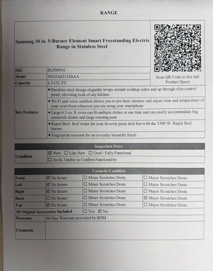 BLP00916 - Samsung 30 in. 5-Burner Element Smart Freestanding Electric Range in Stainless Steel - NE63A6511SSAA
