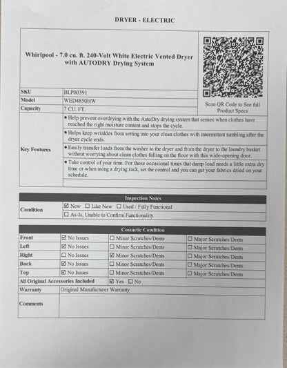 BLP00391 - Whirlpool - 7.0 cu. ft. 240-Volt White Electric Vented Dryer with AUTODRY Drying System