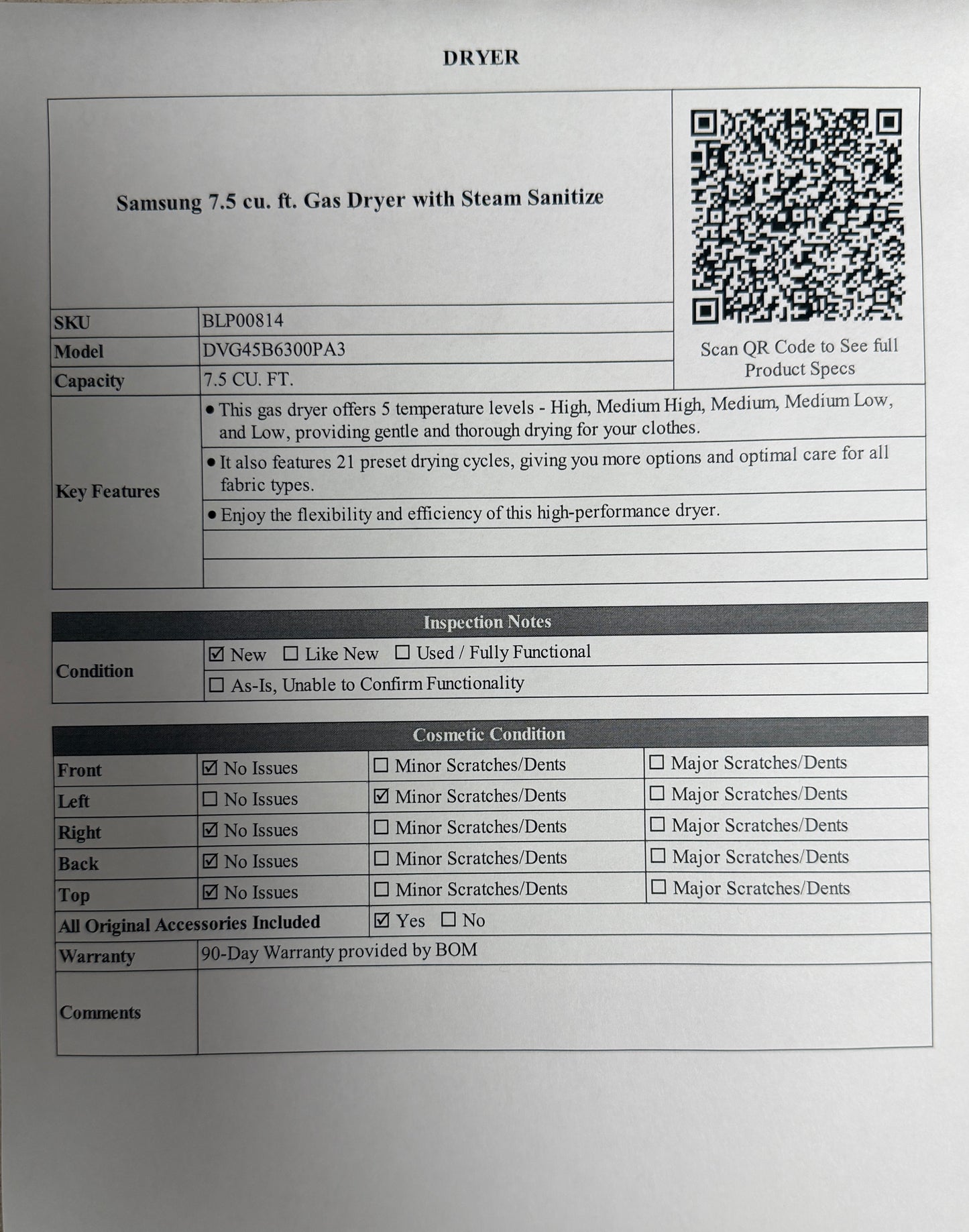 BLP00814 - Samsung 7.5 cu. ft. Gas Dryer with Steam Sanitize DVG45B6300PA3