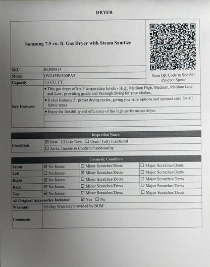 BLP00814 - Samsung 7.5 cu. ft. Gas Dryer with Steam Sanitize DVG45B6300PA3