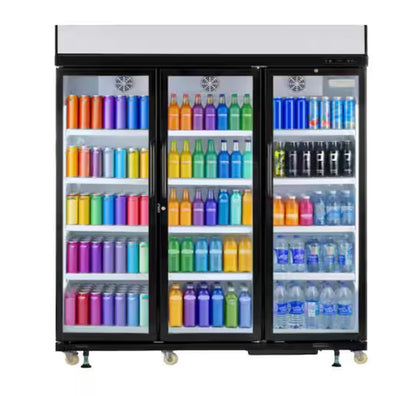 AC260395 Frigidaire 71 in. 49 cu. ft. Commercial Glass Triple Door Display Fridge (Black) - FCCB4916(black trim is broken)