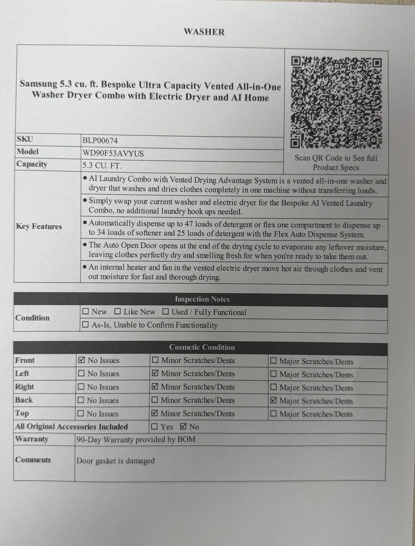 BLP00674 - Samsung 5.3 cu. ft. Bespoke Ultra Capacity Vented All-in-One Washer Dryer Combo with Electric Dryer and AI Home - WD90F53AVYUS