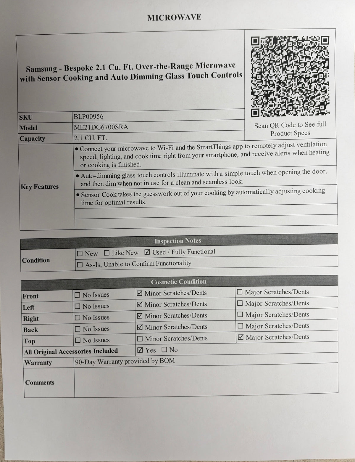 BLP00956 - Samsung - Bespoke 2.1 Cu. Ft. Over-the-Range Microwave with Sensor Cooking and Auto Dimming Glass Touch Controls - ME21DG6700SRA