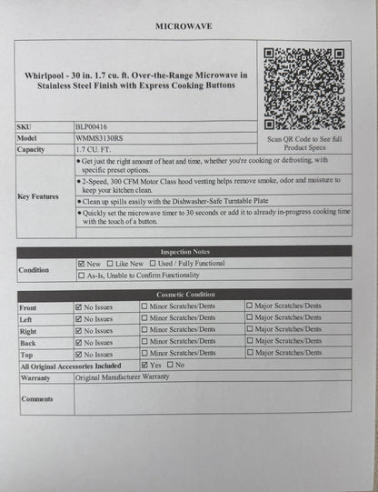 BLP00416 - Whirlpool - 30 in. 1.7 cu. ft. Over-the-Range Microwave in Stainless Steel Finish with Express Cooking Buttons