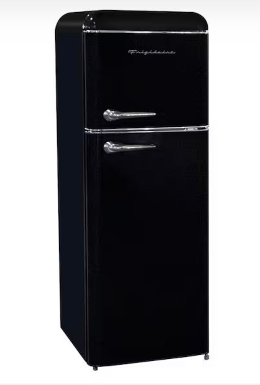 AC260304 Frigidaire 7.5 cu. ft. Mini Fridge in Black with Rounded Corners and Top Freezer - EFR756 (major dent)