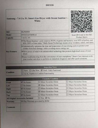 BLP00909 - Samsung - 7.4 Cu. Ft. Smart Gas Dryer with Steam Sanitize+ - White -DVG52A5500WA3