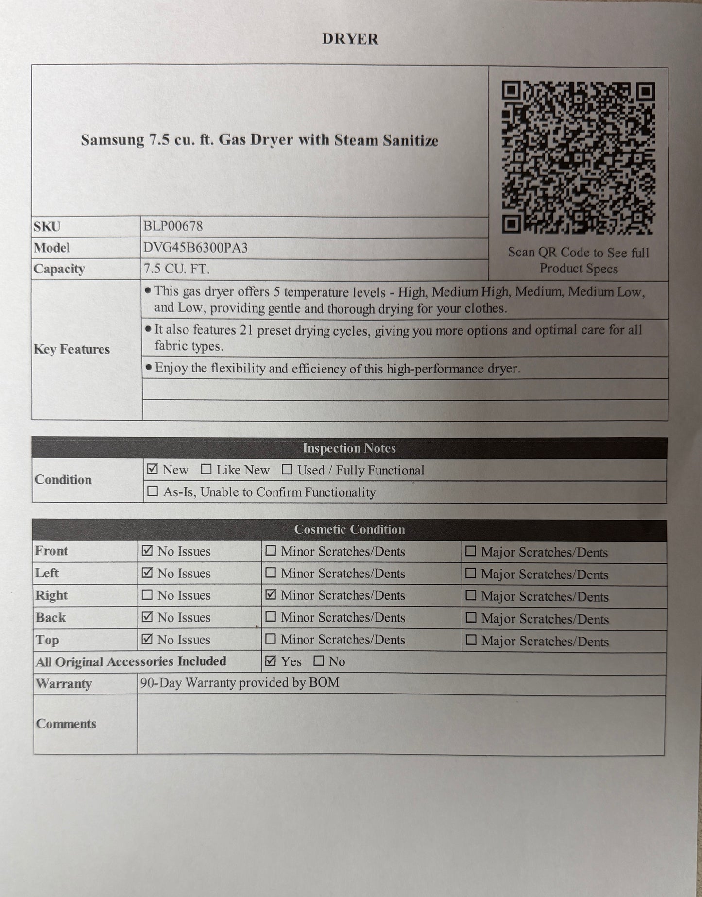 BLP00678 - Samsung 7.5 cu. ft. Gas Dryer with Steam Sanitize - DVG45B6300PA3