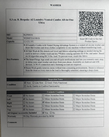 BLP00836 - Samsung 5.3 cu. ft. Bespoke AI Laundry Vented Combo  All-in-One Ultra - WD90F53AVBUS
