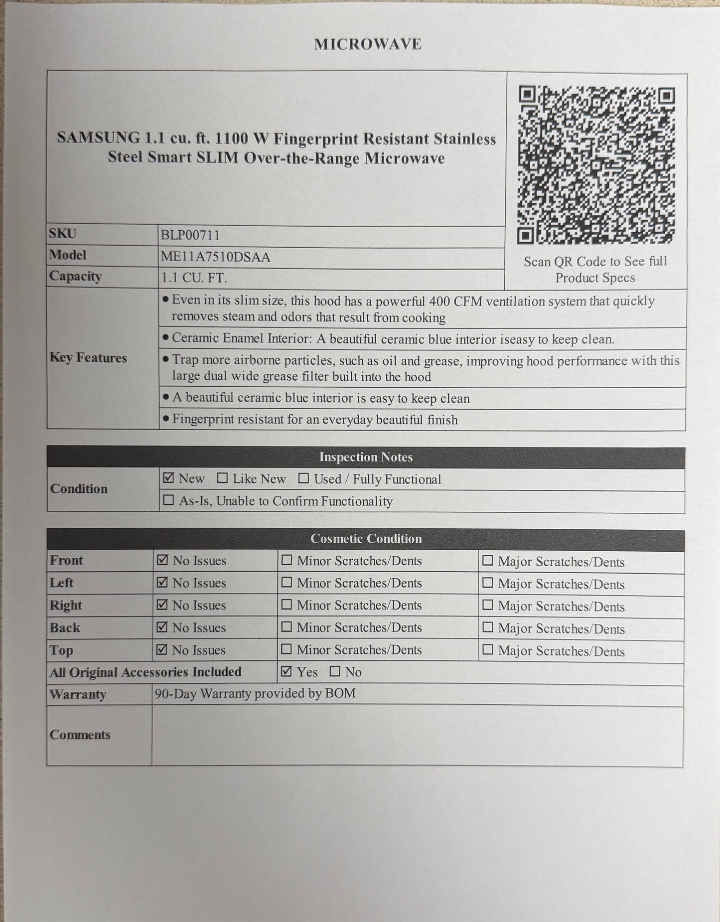BLP00711 - SAMSUNG 1.1 cu. ft. 1100 W Fingerprint Resistant Stainless Steel Smart SLIM Over-the-Range Microwave - ME11A7510DSAA