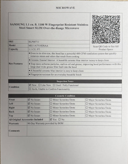 BLP00711 - SAMSUNG 1.1 cu. ft. 1100 W Fingerprint Resistant Stainless Steel Smart SLIM Over-the-Range Microwave - ME11A7510DSAA