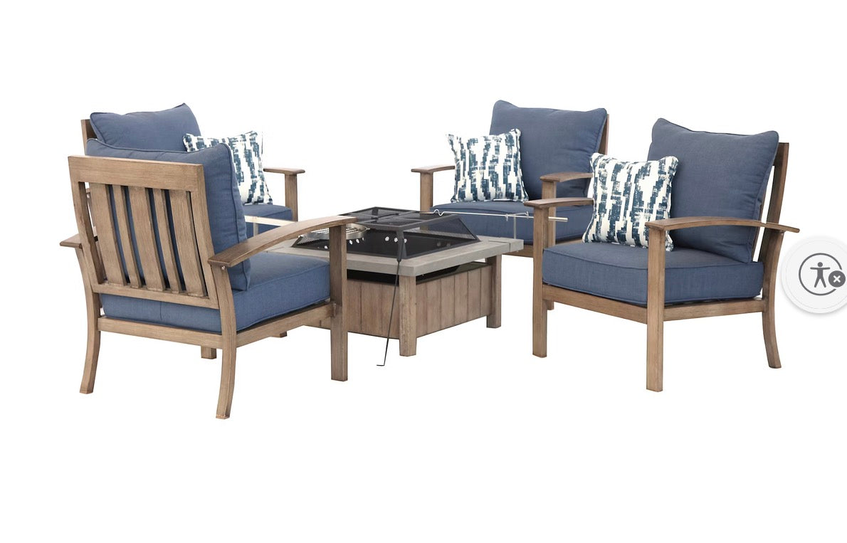 BJF250392 Berkley Jensen Crestwood 5-Pc. Outdoor Firepit Patio Chat Set - Blue(Cushions dirty)