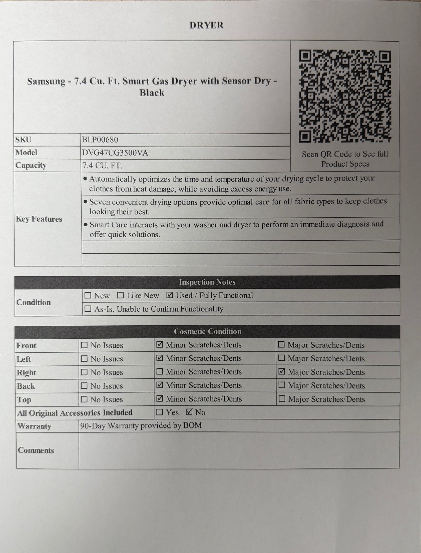 BLP00680 - Samsung - 7.4 Cu. Ft. Smart Gas Dryer with Sensor Dry - Black - DVG47CG3500VA