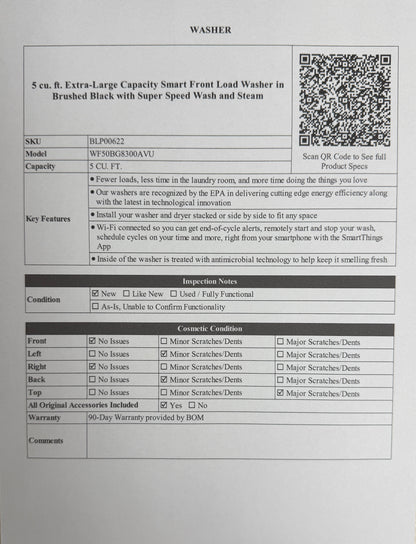 BLP00622 - Samsung - 5 cu. ft. Extra-Large Capacity Smart Front Load Washer in Brushed Black with Super Speed Wash and Steam - WF50BG8300AVU