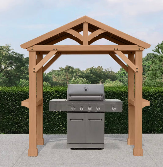 BJF250455 Yardistry Meridian 8'L x 5'8"W x 8'10"H Grilling Pavilion - Coffee Brown(damage box)