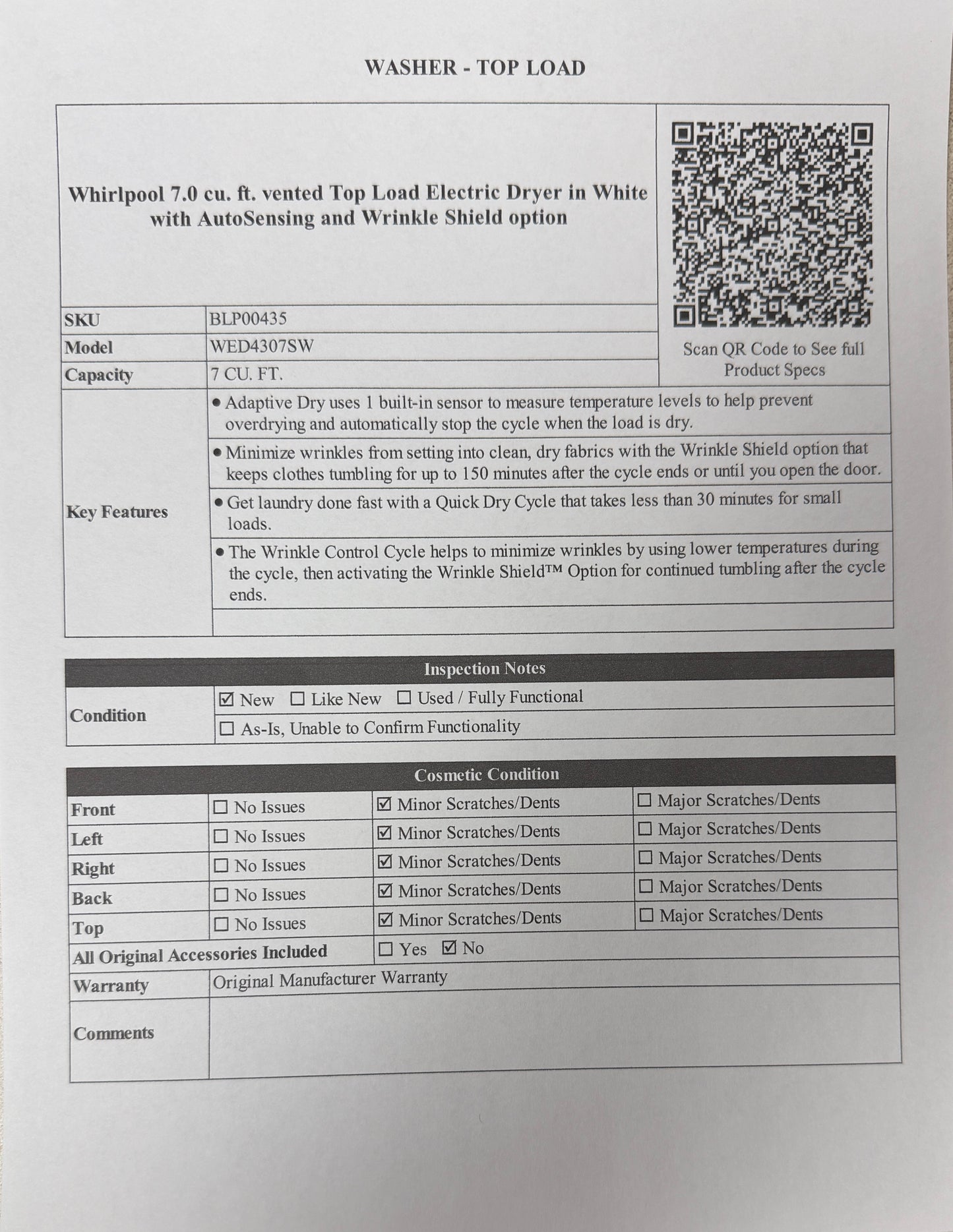 BLP00435 - Whirlpool 7.0 cu. ft. vented Top Load Electric Dryer in White with AutoSensing and Wrinkle Shield option