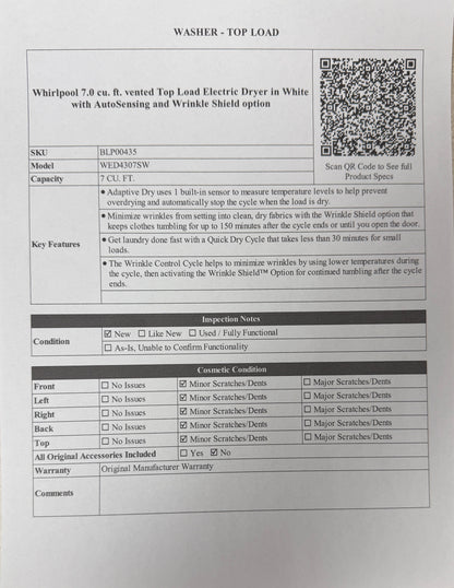BLP00435 - Whirlpool 7.0 cu. ft. vented Top Load Electric Dryer in White with AutoSensing and Wrinkle Shield option